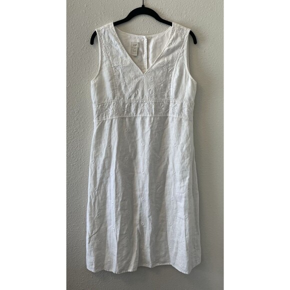 J.Jill Women's Dress Size Med 100% Linen White Embroidered V-Neck Boho Cottage - Picture 1 of 16
